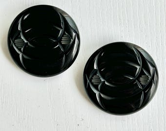 Plastic Coat Buttons, Vintage, Set of 2, XLG-1 3/4 Inch Diameter, Black, Metal Loop Shanks