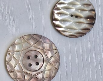 Carved Mother-of-Pearl Buttons, Unmatched Set of 2 Large, 1 3/8" and 1 1/8" Diameters, Two and Four Hole Sew Through, Collector Buttons
