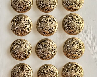 Metal Coat-of-Arms Buttons, Lion & Unicorn Emblem, Gold Tone, New Old Stock, Set of 12, 9/16&quot; Diameter, Self Shank, Excellent Condition