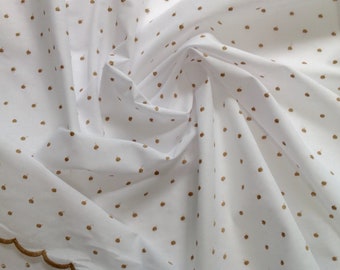 Cotton-Polyester Blend, Stitched Swiss Dots, Lightweight, 2 7/8 Yards, White Fabric, Pale Cocoa Brown Dots, Scalloped on Both Selvages