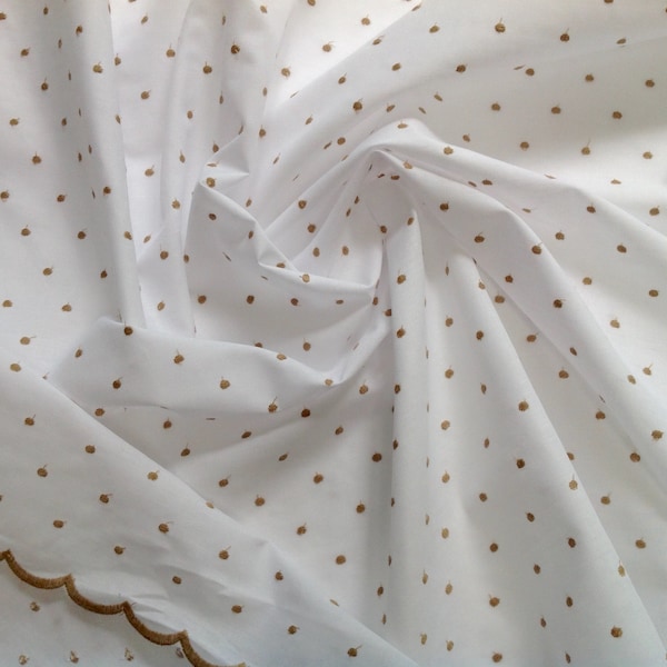 Cotton-Polyester Blend, Stitched Swiss Dots, Lightweight, 2 7/8 Yards, White Fabric, Pale Cocoa Brown Dots, Scalloped on Both Selvages