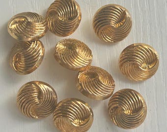 Gold-Tone Metallic-Plastic Buttons, Vintage, Set of 10, 9/16" Diameter, Swirl Weave Design, Craft & Sew Buttons, Excellent Condition