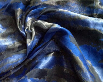 Synthetic Jacquard Specialty-Fabric, 3/4 Yard, Camouflage Design, Black & Ultramarine, Silver Metallic Threads, Stiff Taffeta