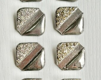 Rhinestone Metal Buttons, Vintage, Set of 8, 7/8 Inch, White Metal, Clear Glass Foil-Back Rhinestones, Loop Shank