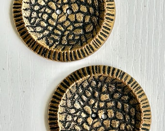 Brass-Look Metal Buttons, Vintage, Set of 2, 1 3/4" Diameter, Concave Shape, Some Black Paint, Sew Through, Craft or Sewing Buttons