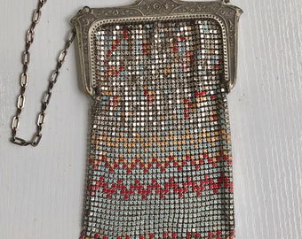 Metal Chainmail Purse, Vintage, Whiting & Davis Wristlet Mesh Bag, 4" x 7", Blue, Red and Yellow Design, Late 1920s or 1930s