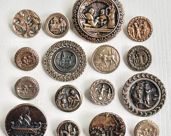 Pictorial Metal Buttons, Collection #3 of Figures+, 16 Assorted, Antique & Vintage, Brass, Assorted Metals, 9/16" - 1 7/16" Collectible