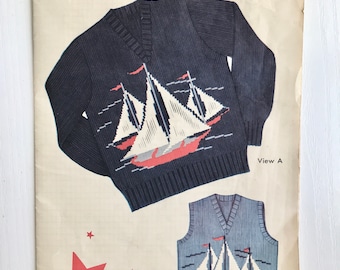 Knit-O-Graf Vintage Pattern, 1954 Knitting Pattern, #209 Sailboat, Children&#39;s Sizes 6-8-10-12, Original Pre-Owned Vintage Pattern