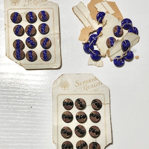 Czech Glass Buttons, Vintage 1930s, Blue/Gold, Black/Gold, Early La Mode, Czech Made, Cards of 12, 5/16 Inch, Self Shank, Original Card