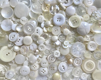 Assorted Crafting Buttons, White, Clear & Ivory, Varied Sizes and Types, 1 Cup Full (Approx. 250 Buttons), Pre-used and Vintage
