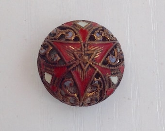 Enamel Pierced-Brass Button, Mirrored Twinkle Cricket Cage, 3/4 Inch, Victorian Era, Metal Shank, Collectible Button