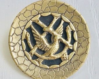 Brass Pictorial Button, Victorian Era, Antique, Large 1 1/2" Diameter, Perched Bird, Excellent Condition, Collectible