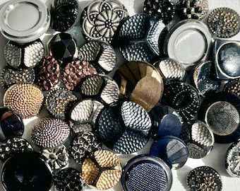 Luster-Painted Glass Buttons, Vintage, 40 Assorted, Black, Navy and Gray Buttons, Gold, Silver & Copper Paint, Self, Loop and Box Shanks