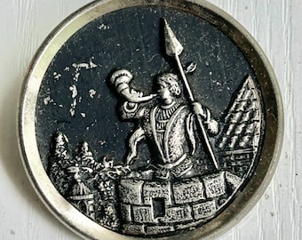 Lead-Pewter Picture Button, Early Victorian Era, Antique, Large 1 1/2" Diameter, Trumpeter of Krakow, Selling As Is