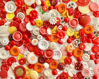 Modern Plastic Buttons, Vintage, Assorted Reds, Oranges, Pinks, Yellows, & Whites, 3/8" to 1 1/8", 200+ Buttons, Sew Thru, Self Shanks