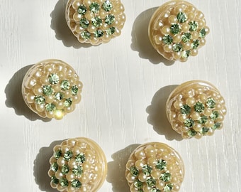 Plastic Rhinestone Buttons, Set of 6, Vintage 1950s, Beige Plastic, Pale Green Glass Rhinestones, 11/16" Diameter, 1/2" Thick, Self-Shanks