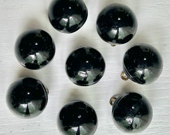 Black-Glass Ball Buttons, Antique Edwardian Era, Swirl Back & Brass Loop, Set of 8, 5/8" Diameter, Collectible Buttons