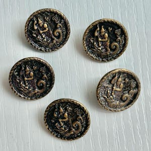 Brass Picture Buttons, Set of 5, Rare Antique, Chinese Dragon Slayer Design, 5/8&quot; Diameter, Brass Loop Shanks, Collectible Buttons