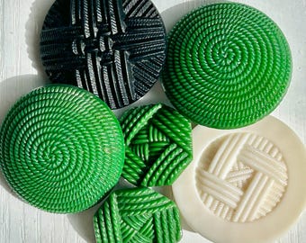 Rope-Design Glass Buttons, Vintage, Assortment of 6, 1 3/16", 1 5/16 & 13/16" Diameter, Green, Black and Uranium White, Mid Century Buttons