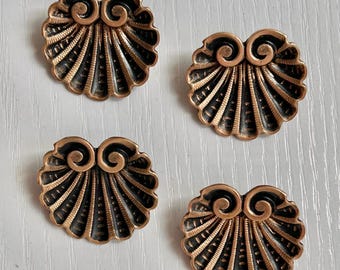 Brass Stamped Buttons, Vintage, Set of 4, 1" Diameter, Brass Scallop Shell Shape, Metal Loop Shank, Collectible Buttons