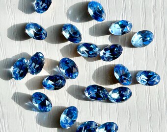 Oval Glass Rhinestones, 20 Vintage, 8mm x 6mm, Faceted Lt. Blue Glass, Gold-Tone Foiled Backs, Pointed Backs, Jewelry Supply