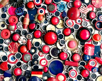 Plastic-Plus Buttons, Vintage, Assorted Reds, Blues, Whites & Black, 3/8" to 1 1/2", 200+ Buttons, Sew Thru, Multi Shanks