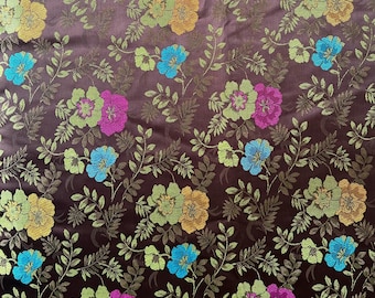 Polyester Satin Brocade, Floral Print, 4 3/4 Yards, Dark Brown, Rose, Green & Gold, Cut Remnant
