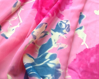 Polyester Chiffon, 1 Yard, Pink & Green, Floral Print