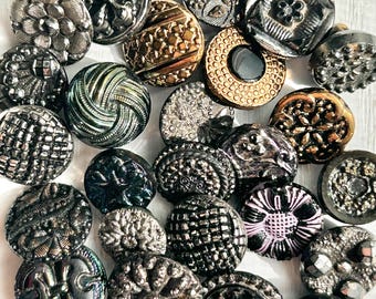 Black-Glass Diminutive Buttons, Vintage & Antique, 25 Assorted, 7/16"-9/16", Luster and Color Paint, Self and Brass Shanks, Collect Buttons