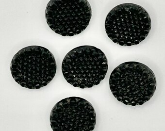 Black Glass Buttons, Antique, Pressed Glass, Set of 6, 11/16 Inch, Brass Loop Shank, Collectible Buttons
