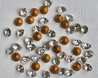 Round Glass Rhinestones, 50 Count, Vintage 1950s, 5mm(3/16"), Clear Color, Pointed Back, Gold-tone Foiled Back, Faceted