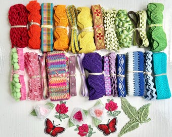Embellishment Assortment, Vintage, Ribbons, Ric Rac & Trim, 1 Yard of Each, 25 trims +, Rainbow of Colors, Crafting Supply