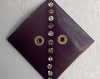 Early-Plastic Rhinestone Button, Rare Vintage, Lacquer Laminated, Clear Rhinestones, 2 1/4" Point to Point, Two Hole Sew Thru