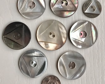 Carved Mother-of-Pearl Buttons, Triangular Carving, Vintage, Set of 9-Three Sizes, Natural Shell Buttons, Two-Hole, Iridescent Colors
