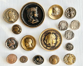Pictorial Metal Buttons, Collection of Faces, 17 Assorted, Vintage, Brass, Assorted Metals, 7/16" - 1 7/16" Diameters, Some Collectible