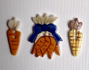 Porcelain Buttons Hand-Painted, Set of 3, Two Hole; Yellow, Orange and Blue; Corn, Carrot & Bunch of Carrots
