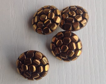 Glass Painted Buttons, Vintage, Black Button, Hand Painted Gold, Set of 4, 11/16 Inch, Self Shank, Excellent Condition