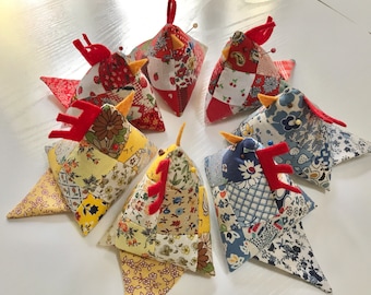 Hen Pincushion, Hand-Crafted, 4 1/2&quot; x 3&quot;, Gold, Red & Blue, Ground Nut Shell Filling, 1940&#39;s Cotton Quilt Squares, Sewing Room Gift