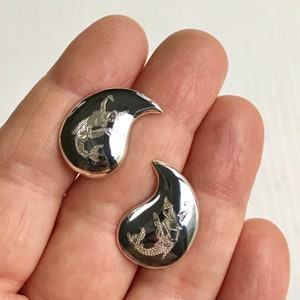 Siam-Niello Sterling-Silver Earrings, Vintage Screw-Back Style, Goddess Imagery, Collectible and Wearable Jewelry, Silver Jewelry