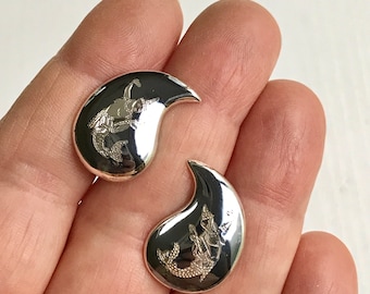 Siam-Niello Sterling-Silver Earrings, Vintage Screw-Back Style, Goddess Imagery, Collectible and Wearable Jewelry, Silver Jewelry