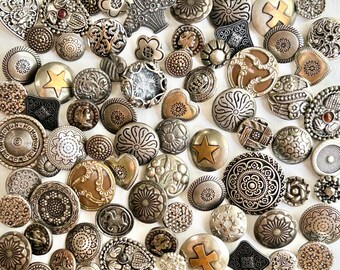 Metal Buttons, 74 Assorted Vintage and Current, Mandala, Floral & Intricate Designs, Silver Tone Metallic Plastic and Metal, Some Twinkles