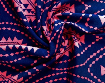 Rayon, 2 Yards, Geometric Print, Navy Blue & Red, Natural Fiber Rayon