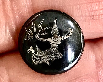 Siam-Niello Sterling-Silver Button, Antique, Goddess Imagery, 1/2 Inch Diameter, Loop Shank, Collectible Button