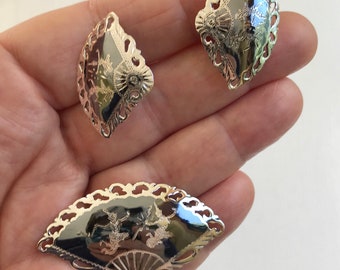 Siam-Niello Sterling-Silver Jewelry, Vintage, Pin & Screw-Back Earrings, Goddess Imagery, Collectible and Wearable Jewelry, Silver Jewelry