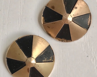 Brass Metal Buttons, Antique, Set of 2, 1 3/8 Inch Diameter, Deep Conical Shape, Some Black Paint, Metal Self Shank, Collectible Buttons