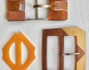 Bakelite Belt Buckles, 3 Vintage 1950s, Sash & Belt Styles, Butterscotch and Apple Cider Color, Lovely Vintage Condition