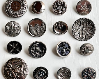 Pictorial Metal Buttons, Collection #1, Lot of 16 Small, Antique and Vintage, White Metal & Pewter, 1/2" - 7/8" Diameters, Collectible