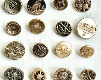 Metal Button Collection #2, Assortment of 16, Antique, Brass, Some Tinted, 1/2" to 3/4" Diameters, Collectible