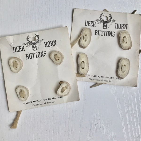 Carded Deer-Horn Buttons, Vintage, Two Cards of 4 Buttons, Original Cards, Made in Colorado, 1 1/8" & 5/8" Length, Natural Deer Horn, Unused