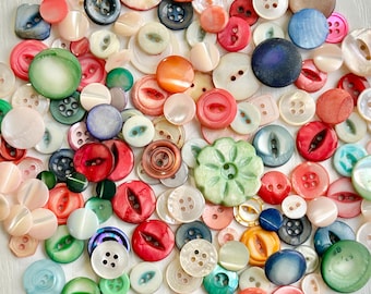 Tinted Mother-of-Pearl Buttons, Vintage and New, 130+ Assorted Buttons, 1/4" to 1", Multi Colors, Sew Throughs and Flat Tops, Craft Buttons